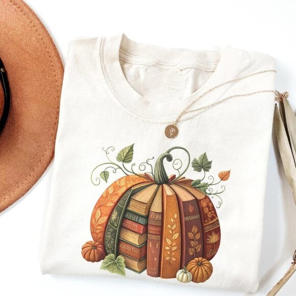 Tops - Book Fall Pumpkin T-Shirt, Book Pumpkin Shirt, Teacher Fall Shirt